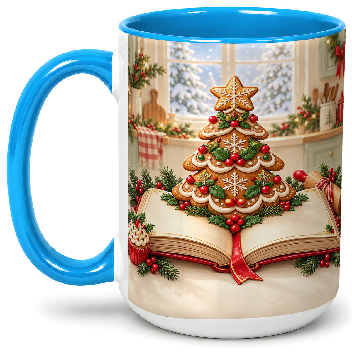 #pl[15oz|Blue] Gingerbread Christmas Tree Accent Ceramic Mug, Baking Scene