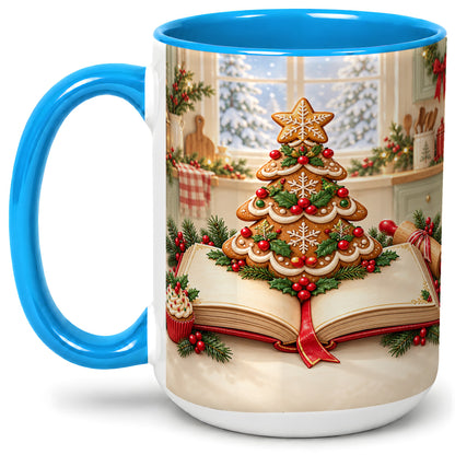 #pl[15oz|Blue] Gingerbread Christmas Tree Accent Ceramic Mug, Baking Scene