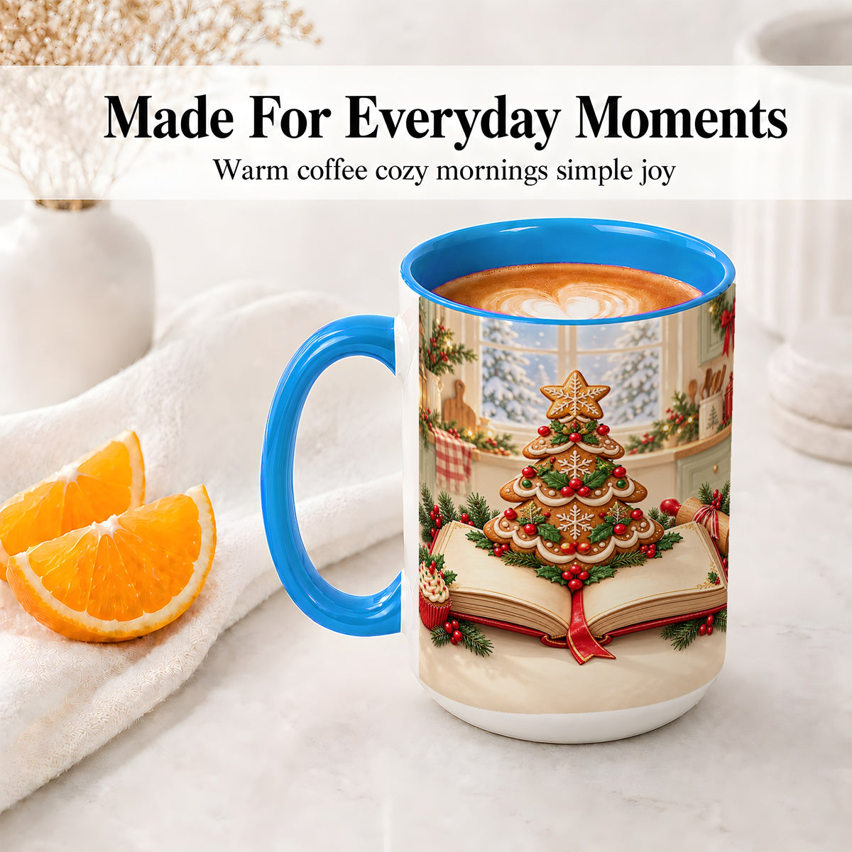 #pl[15oz|Blue] Gingerbread Christmas Tree Accent Ceramic Mug, Baking Scene