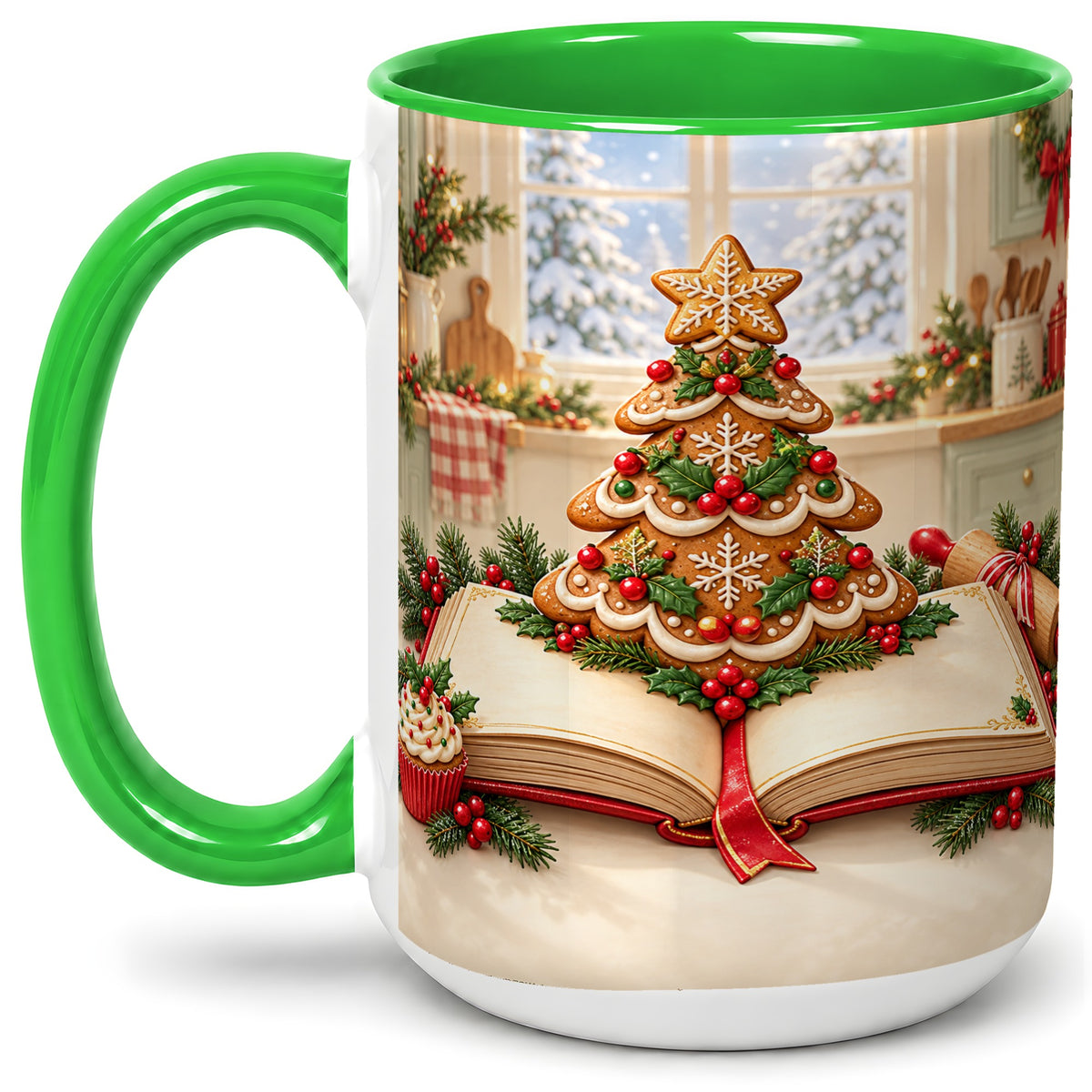 #pl[15oz|Green] Gingerbread Christmas Tree Accent Ceramic Mug, Baking Scene
