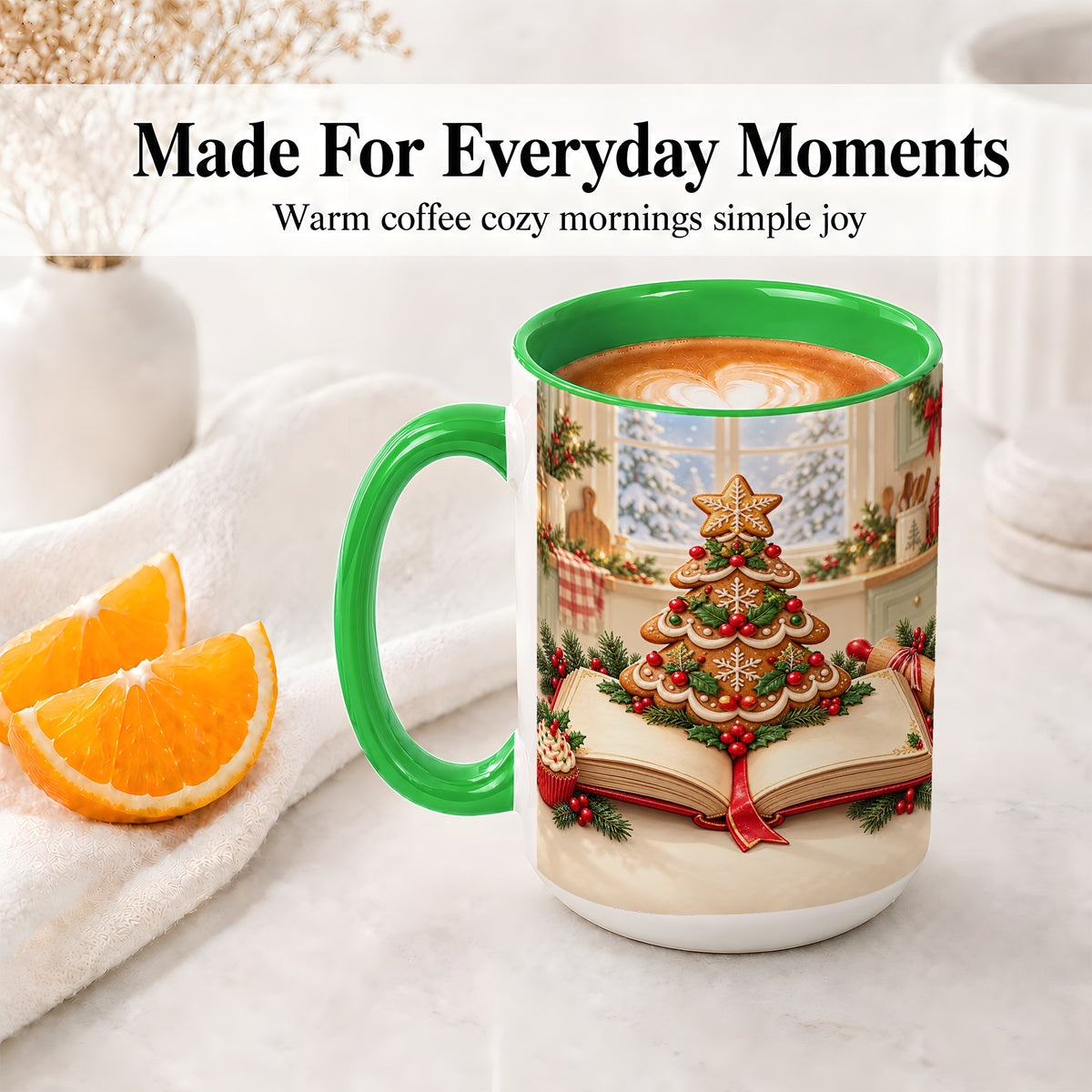 #pl[15oz|Green] Gingerbread Christmas Tree Accent Ceramic Mug, Baking Scene