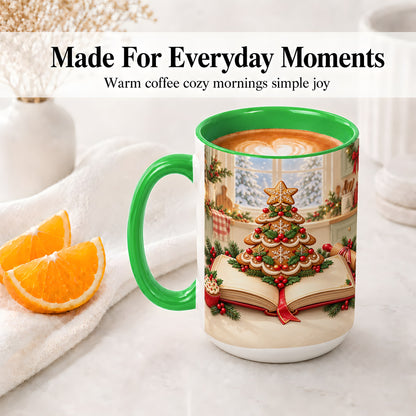 #pl[15oz|Green] Gingerbread Christmas Tree Accent Ceramic Mug, Baking Scene