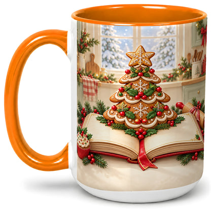 #pl[15oz|Orange] Gingerbread Christmas Tree Accent Ceramic Mug, Baking Scene