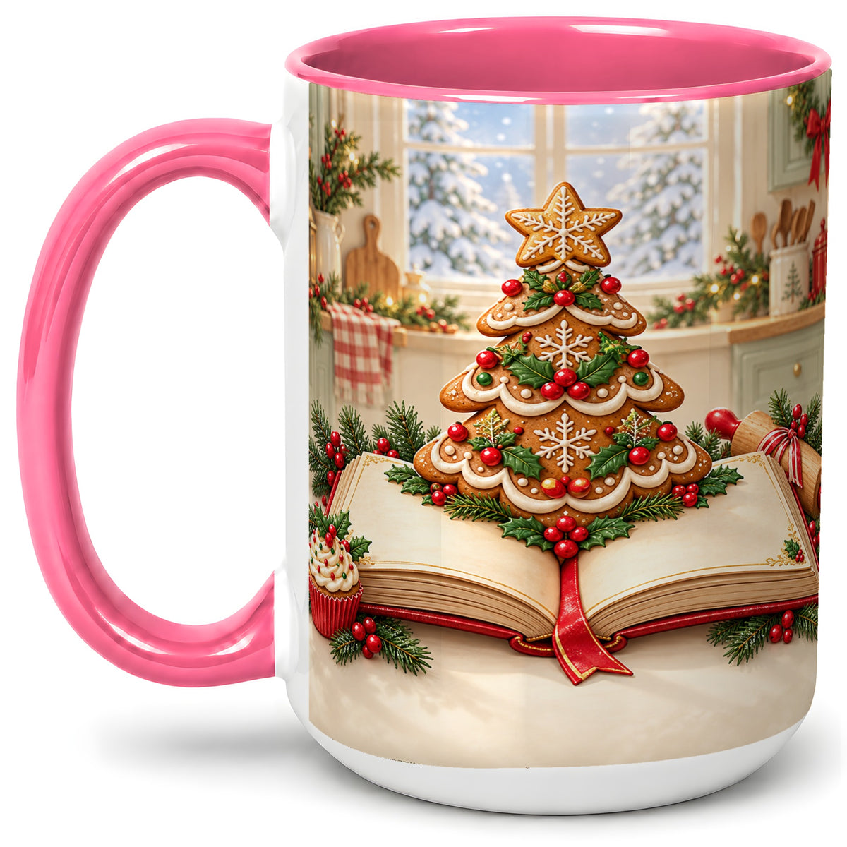 #pl[15oz|Pink] Gingerbread Christmas Tree Accent Ceramic Mug, Baking Scene