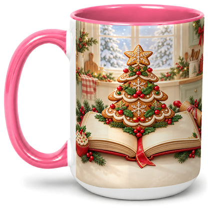 #pl[15oz|Pink] Gingerbread Christmas Tree Accent Ceramic Mug, Baking Scene