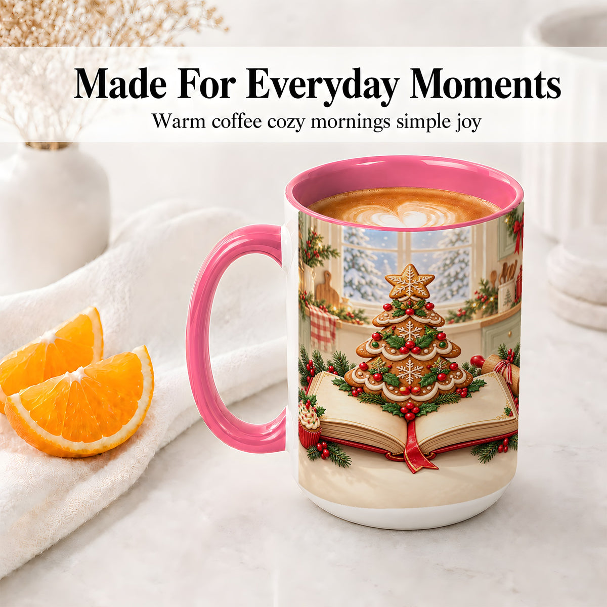#pl[15oz|Pink] Gingerbread Christmas Tree Accent Ceramic Mug, Baking Scene