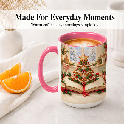 #pl[15oz|Pink] Gingerbread Christmas Tree Accent Ceramic Mug, Baking Scene