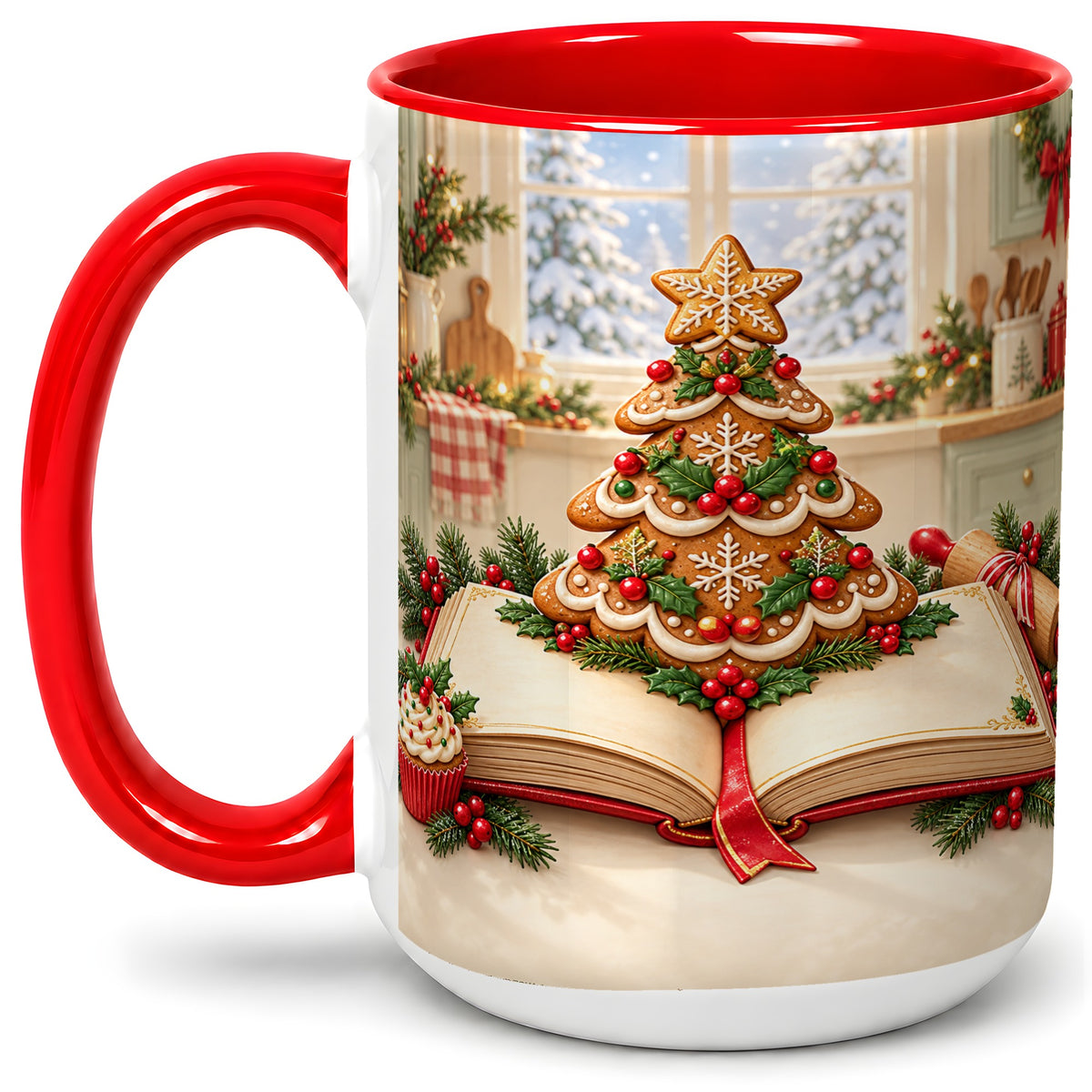 #pl[15oz|Red] Gingerbread Christmas Tree Accent Ceramic Mug, Baking Scene