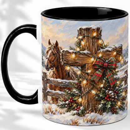 #pl[11oz|Black] Christmas Horse Cross Accent Ceramic Mug, Rustic Winter Art