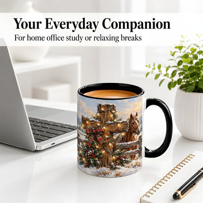 #pl[11oz|Black] Christmas Horse Cross Accent Ceramic Mug, Rustic Winter Art