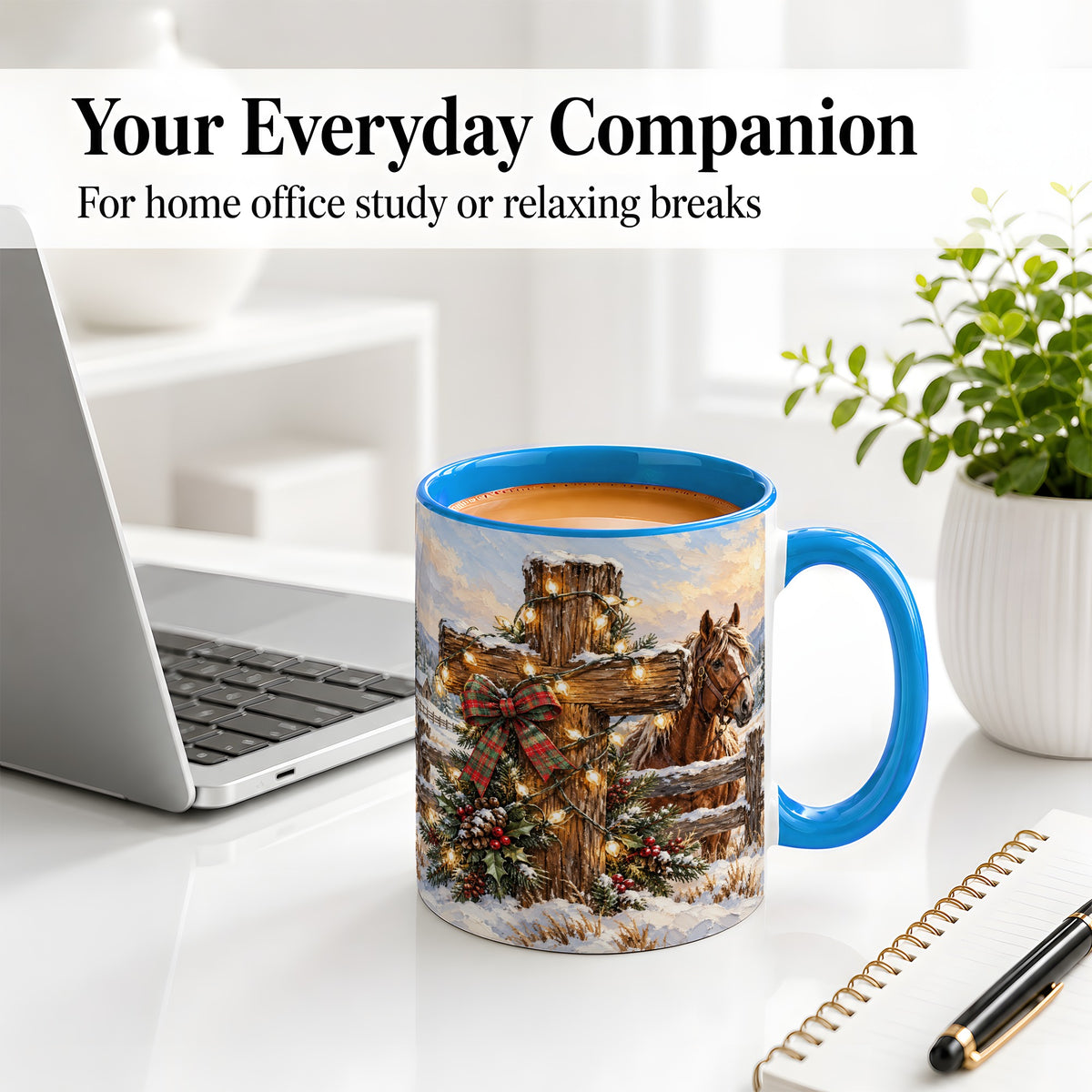 #pl[11oz|Blue] Christmas Horse Cross Accent Ceramic Mug, Rustic Winter Art