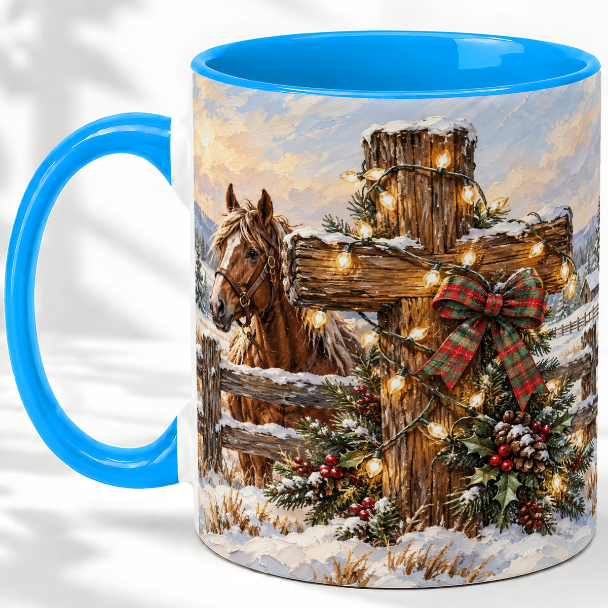 #pl[11oz|Blue] Christmas Horse Cross Accent Ceramic Mug, Rustic Winter Art
