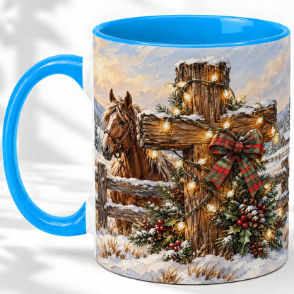 #pl[11oz|Blue] Christmas Horse Cross Accent Ceramic Mug, Rustic Winter Art