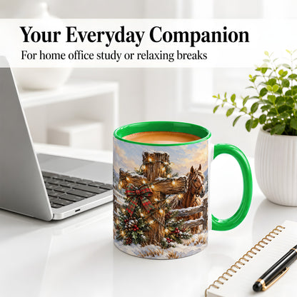 #pl[11oz|Green] Christmas Horse Cross Accent Ceramic Mug, Rustic Winter Art