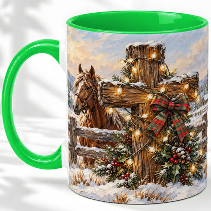 #pl[11oz|Green] Christmas Horse Cross Accent Ceramic Mug, Rustic Winter Art