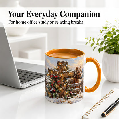 #pl[11oz|Orange] Christmas Horse Cross Accent Ceramic Mug, Rustic Winter Art