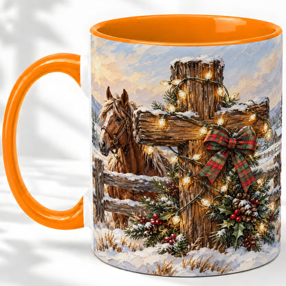 #pl[11oz|Orange] Christmas Horse Cross Accent Ceramic Mug, Rustic Winter Art