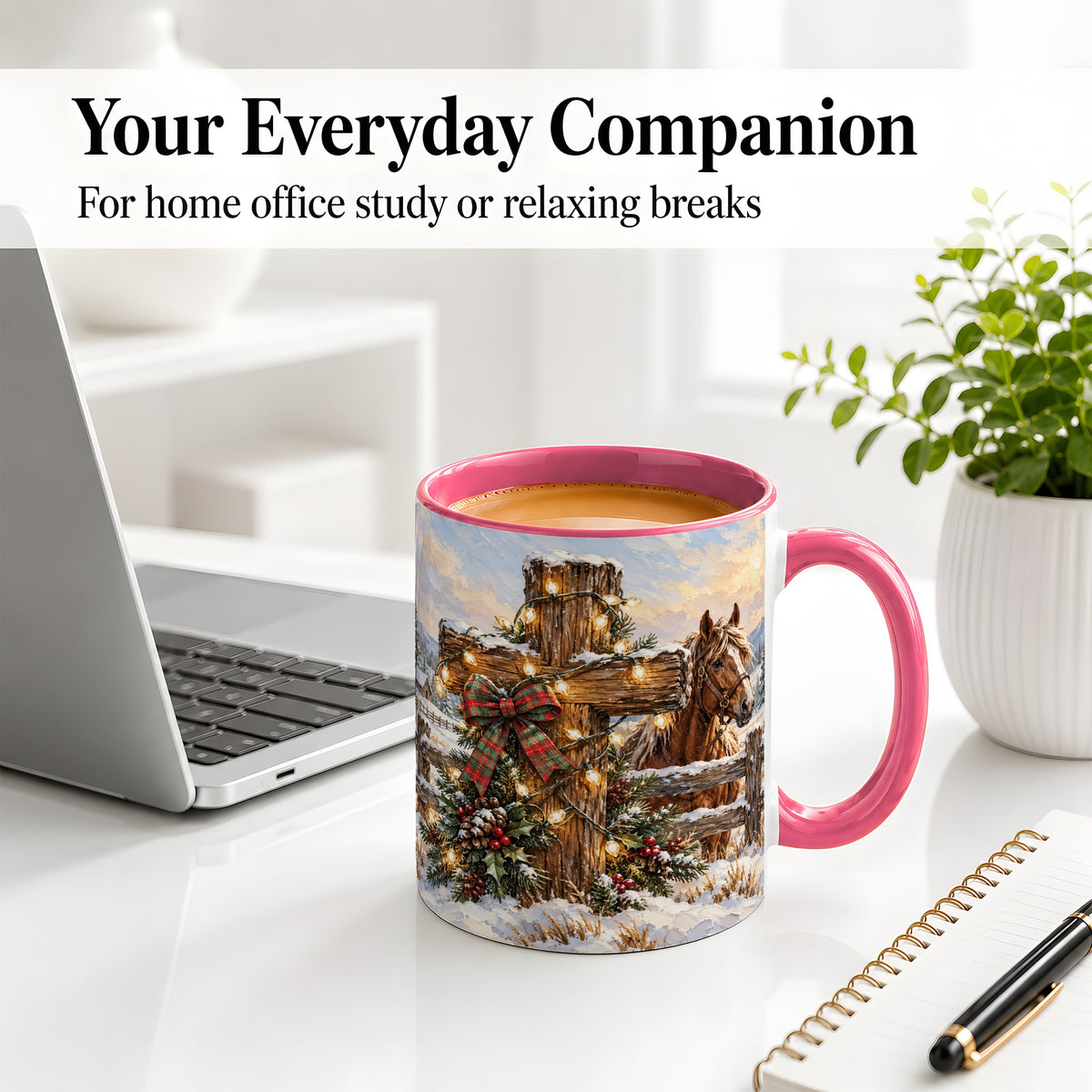 #pl[11oz|Pink] Christmas Horse Cross Accent Ceramic Mug, Rustic Winter Art