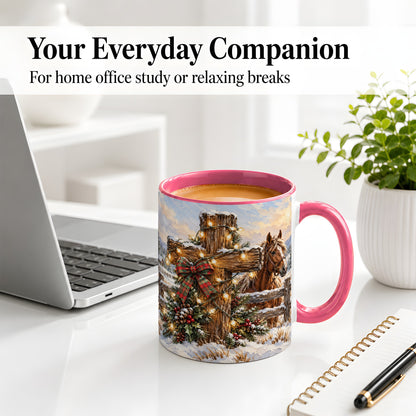 #pl[11oz|Pink] Christmas Horse Cross Accent Ceramic Mug, Rustic Winter Art