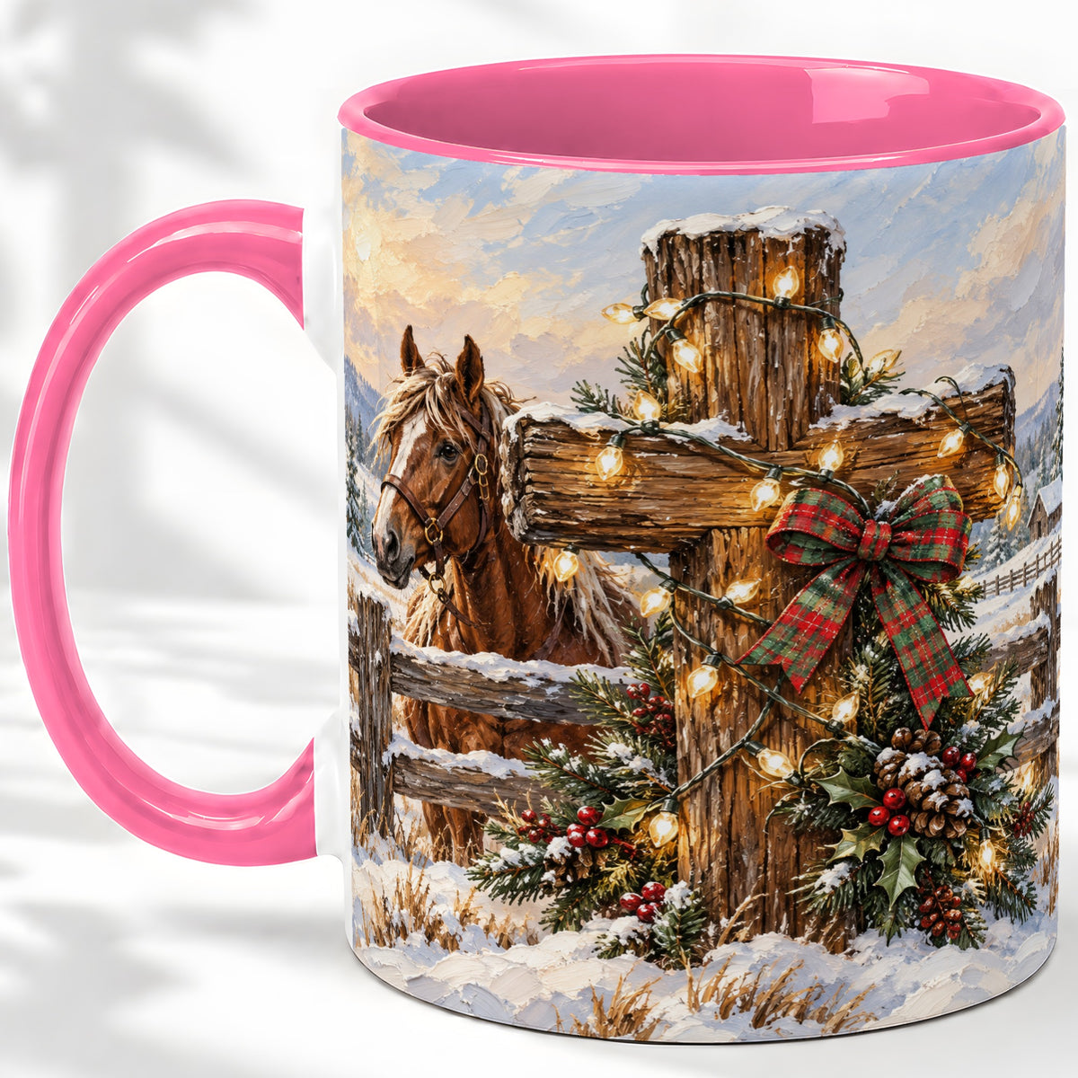 #pl[11oz|Pink] Christmas Horse Cross Accent Ceramic Mug, Rustic Winter Art