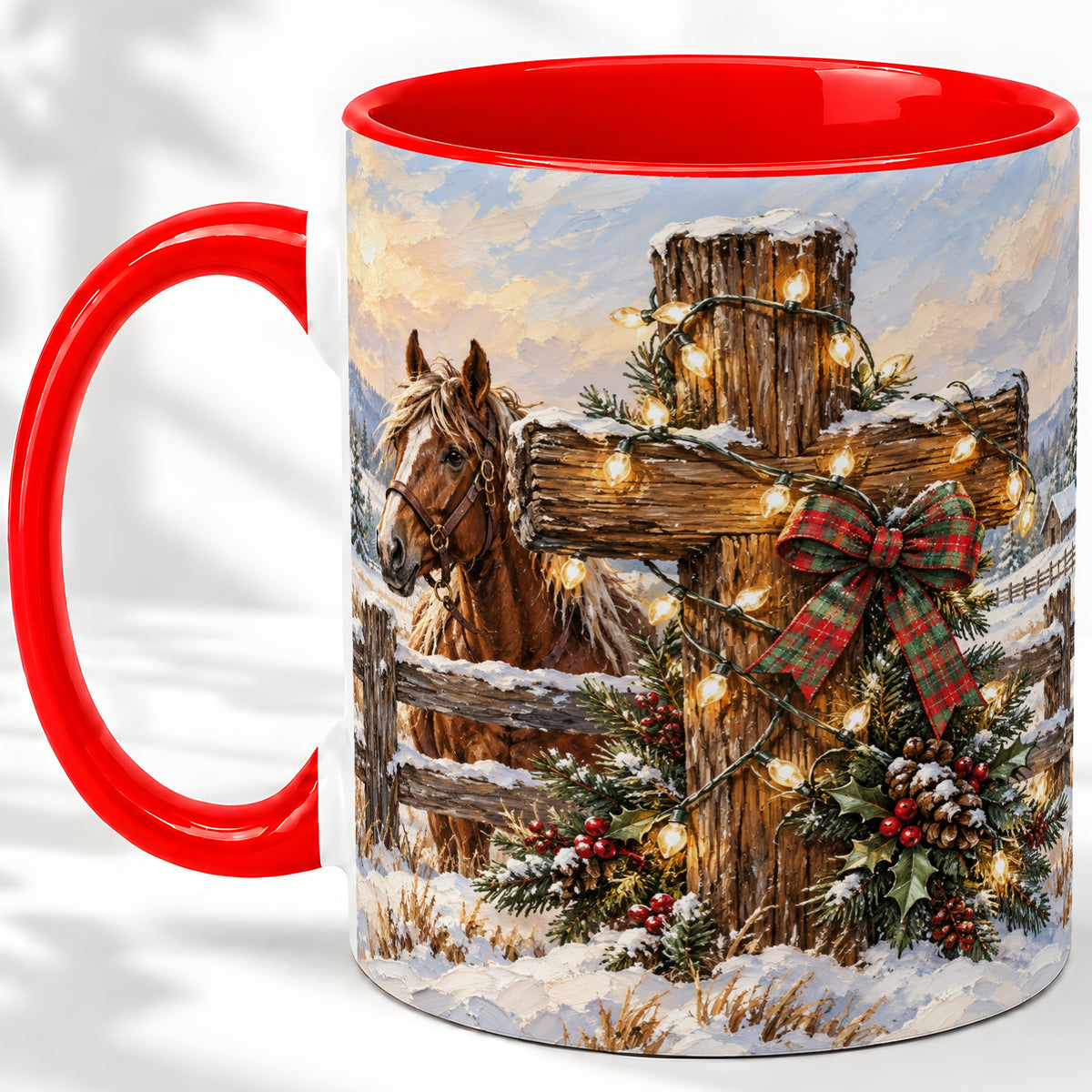 Christmas Horse Cross Accent Ceramic Mug, Rustic Winter Art