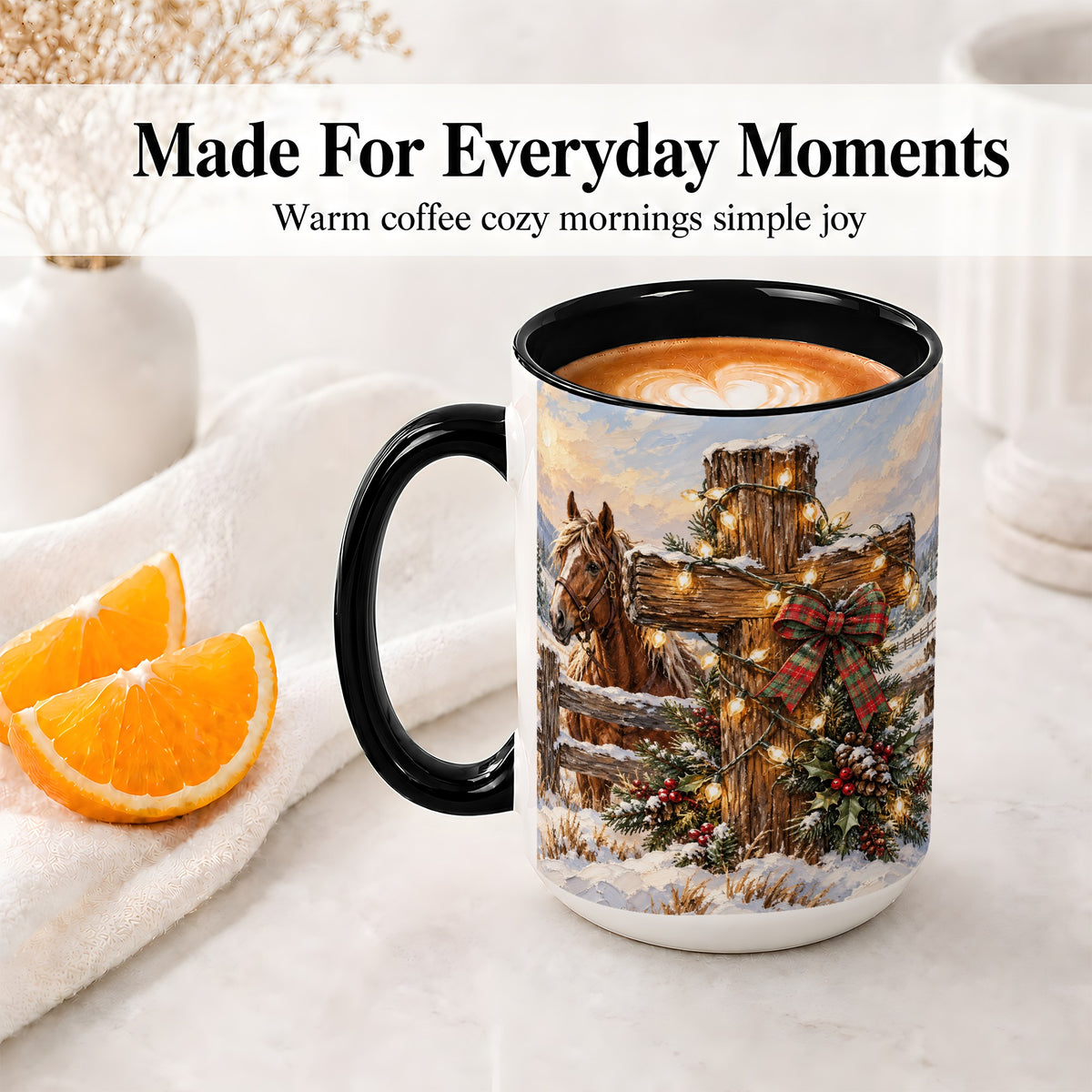 #pl[15oz|Black] Christmas Horse Cross Accent Ceramic Mug, Rustic Winter Art