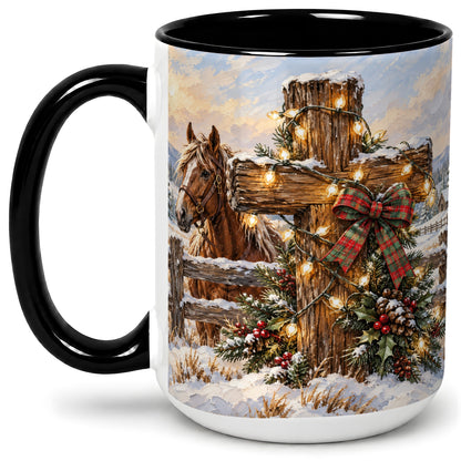 #pl[15oz|Black] Christmas Horse Cross Accent Ceramic Mug, Rustic Winter Art