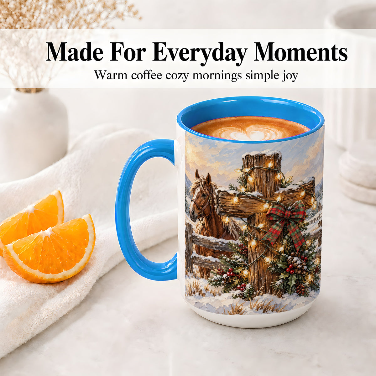 #pl[15oz|Blue] Christmas Horse Cross Accent Ceramic Mug, Rustic Winter Art