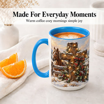 #pl[15oz|Blue] Christmas Horse Cross Accent Ceramic Mug, Rustic Winter Art