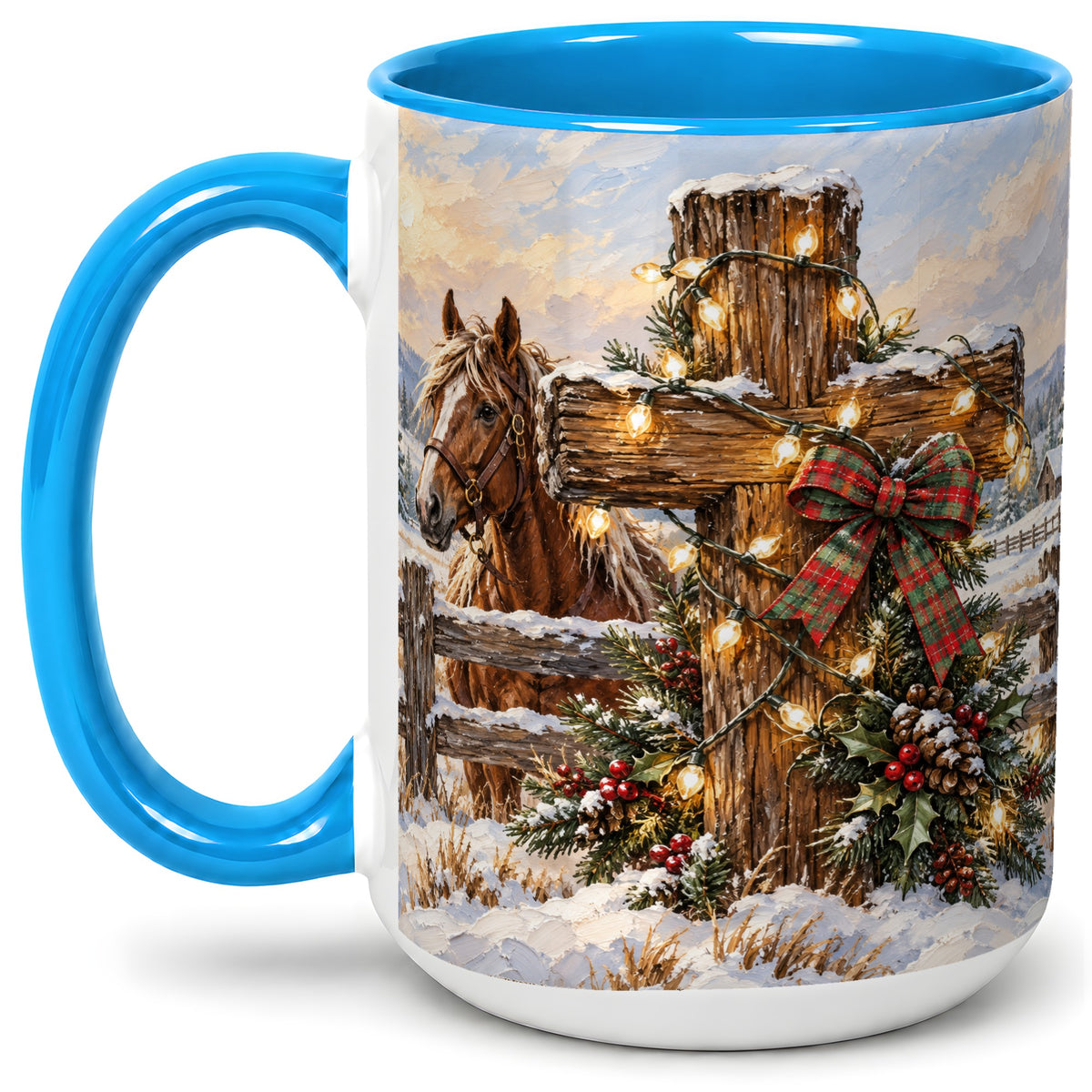 #pl[15oz|Blue] Christmas Horse Cross Accent Ceramic Mug, Rustic Winter Art
