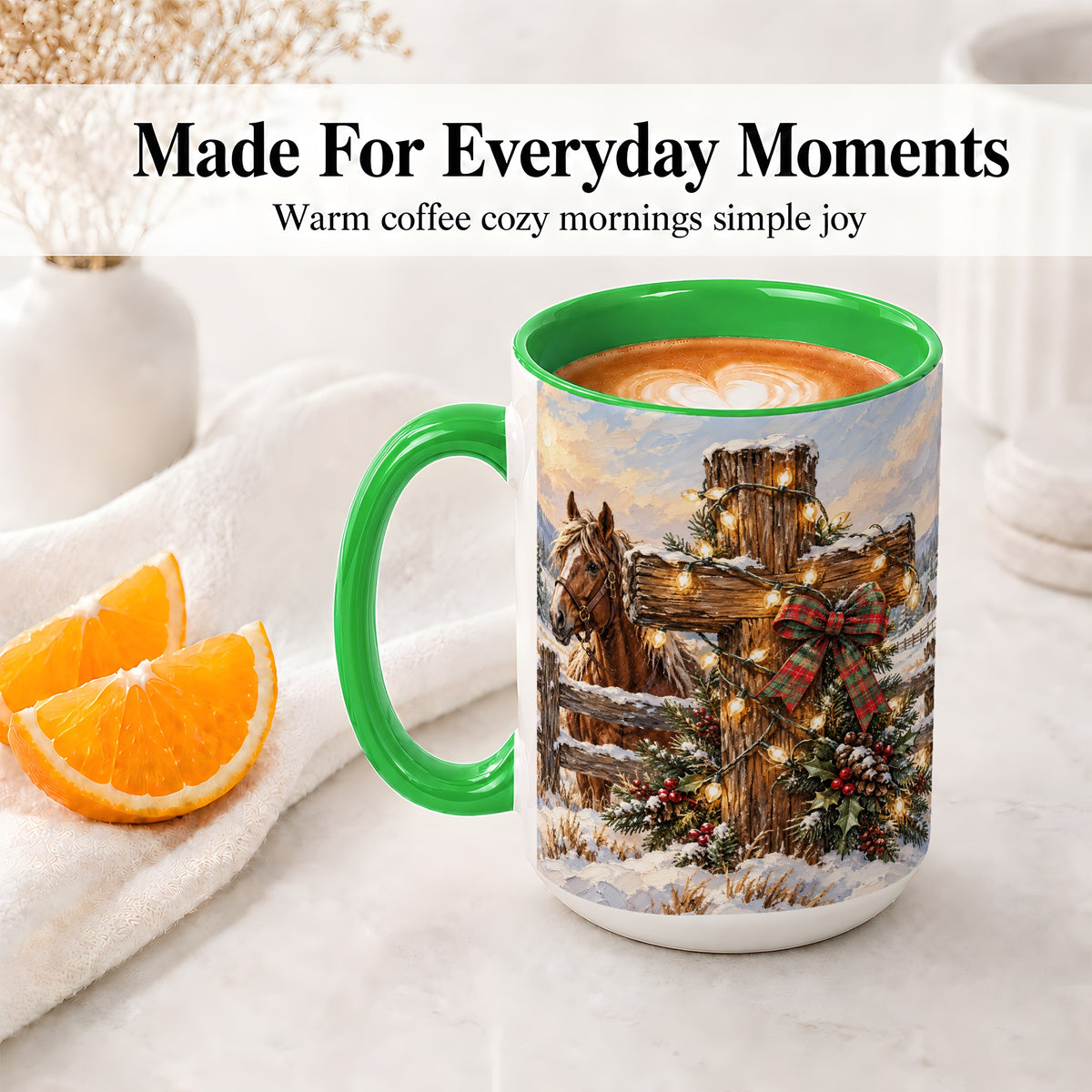 #pl[15oz|Green] Christmas Horse Cross Accent Ceramic Mug, Rustic Winter Art