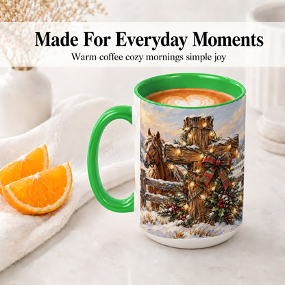 #pl[15oz|Green] Christmas Horse Cross Accent Ceramic Mug, Rustic Winter Art
