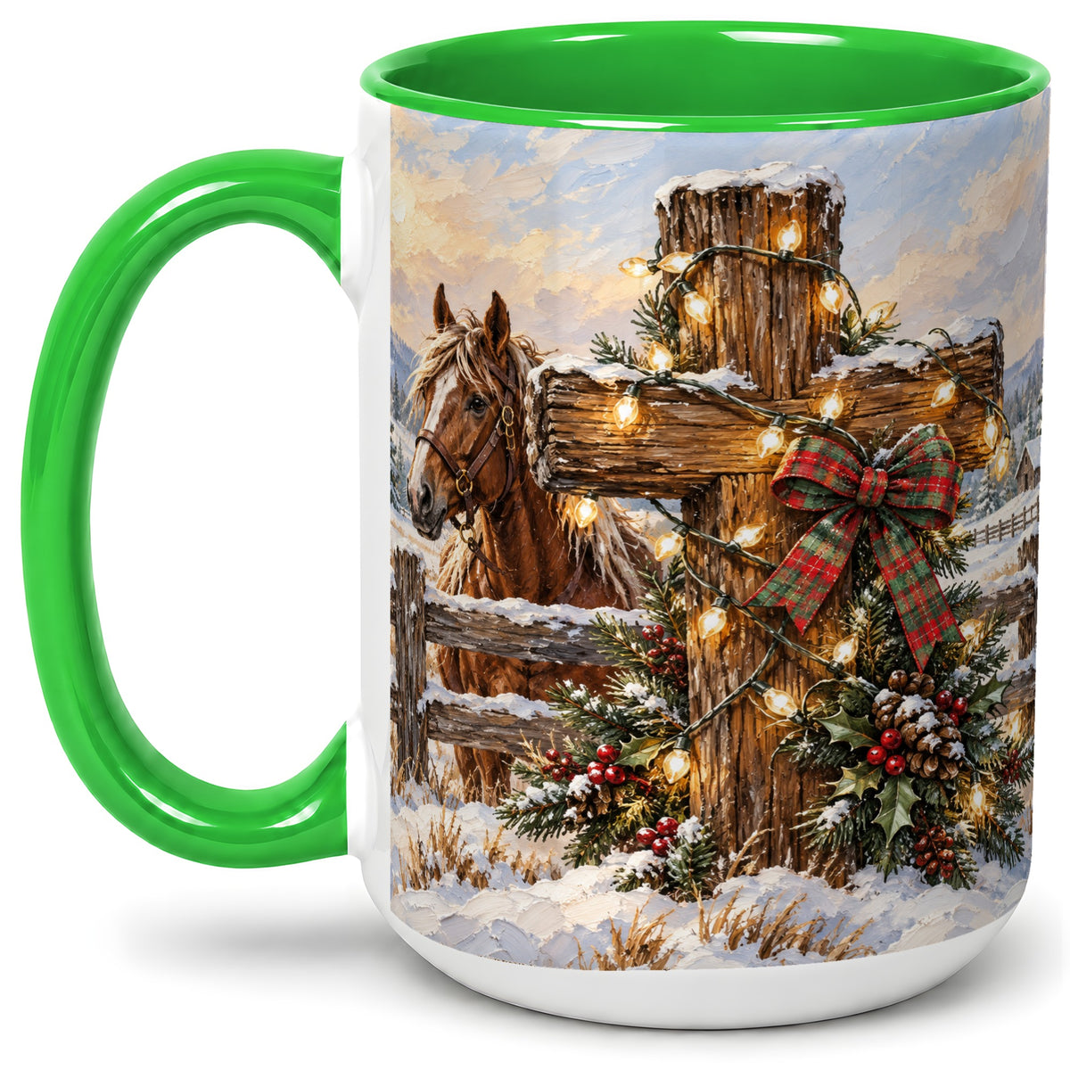 #pl[15oz|Green] Christmas Horse Cross Accent Ceramic Mug, Rustic Winter Art