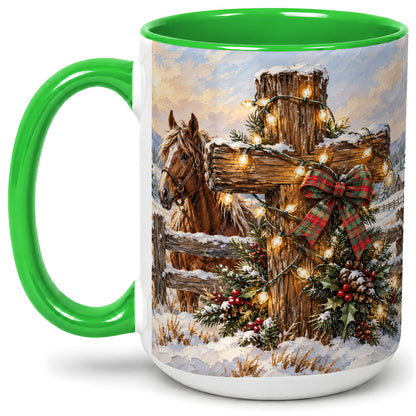 #pl[15oz|Green] Christmas Horse Cross Accent Ceramic Mug, Rustic Winter Art