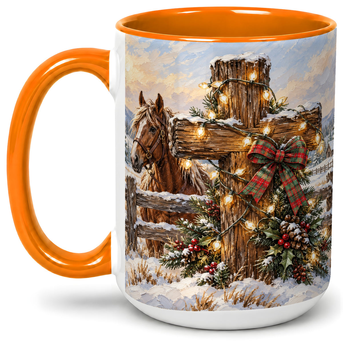 #pl[15oz|Orange] Christmas Horse Cross Accent Ceramic Mug, Rustic Winter Art
