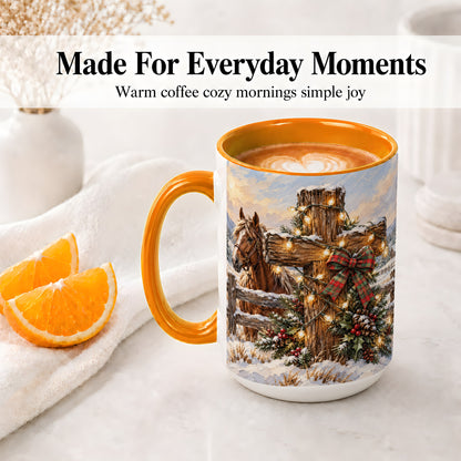 #pl[15oz|Orange] Christmas Horse Cross Accent Ceramic Mug, Rustic Winter Art