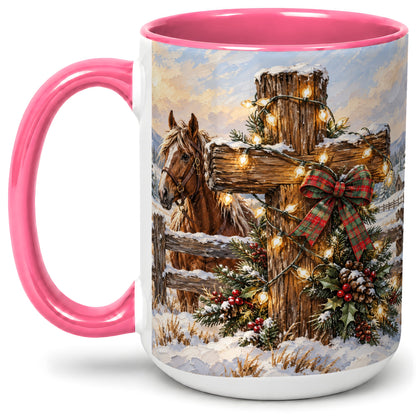 #pl[15oz|Pink] Christmas Horse Cross Accent Ceramic Mug, Rustic Winter Art