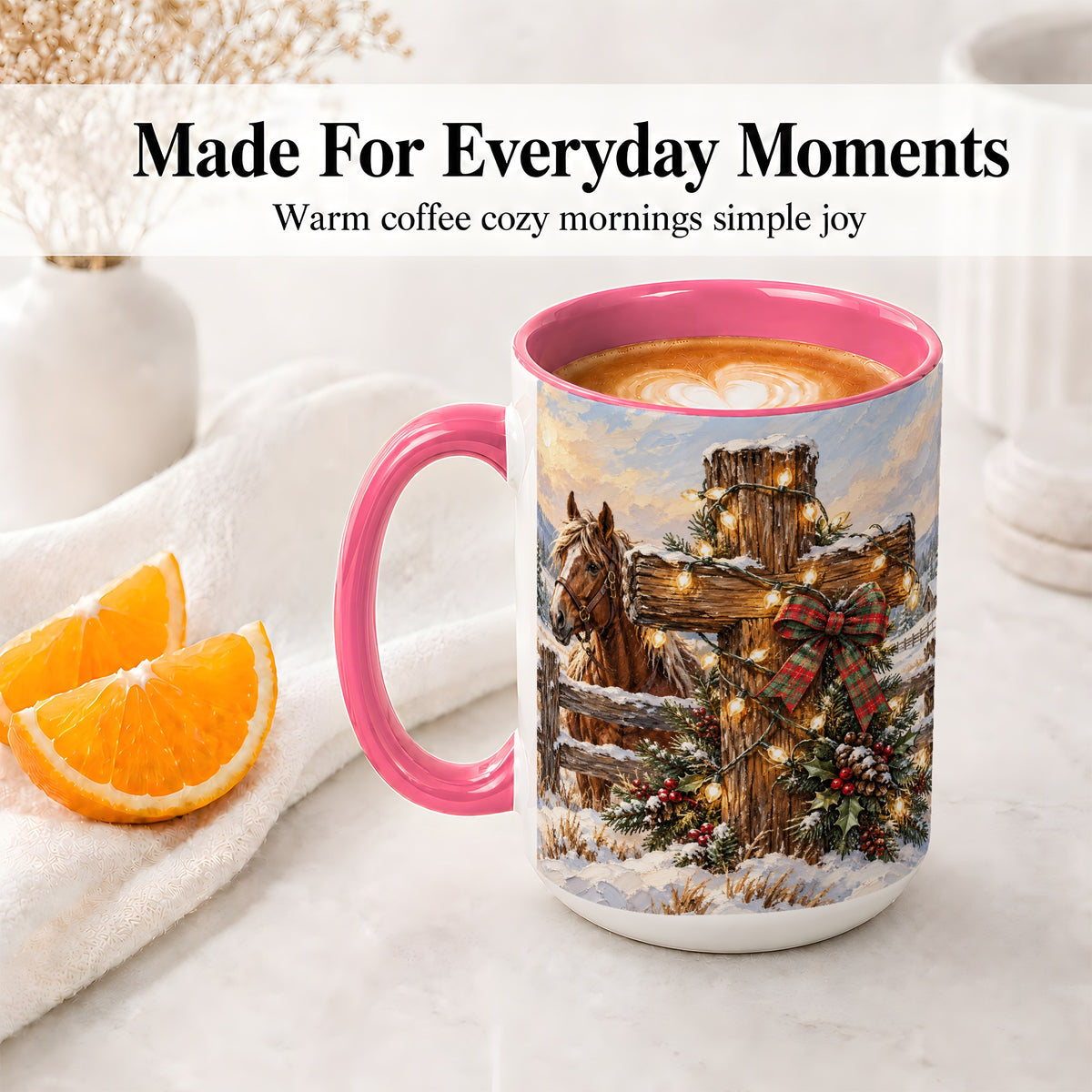 #pl[15oz|Pink] Christmas Horse Cross Accent Ceramic Mug, Rustic Winter Art
