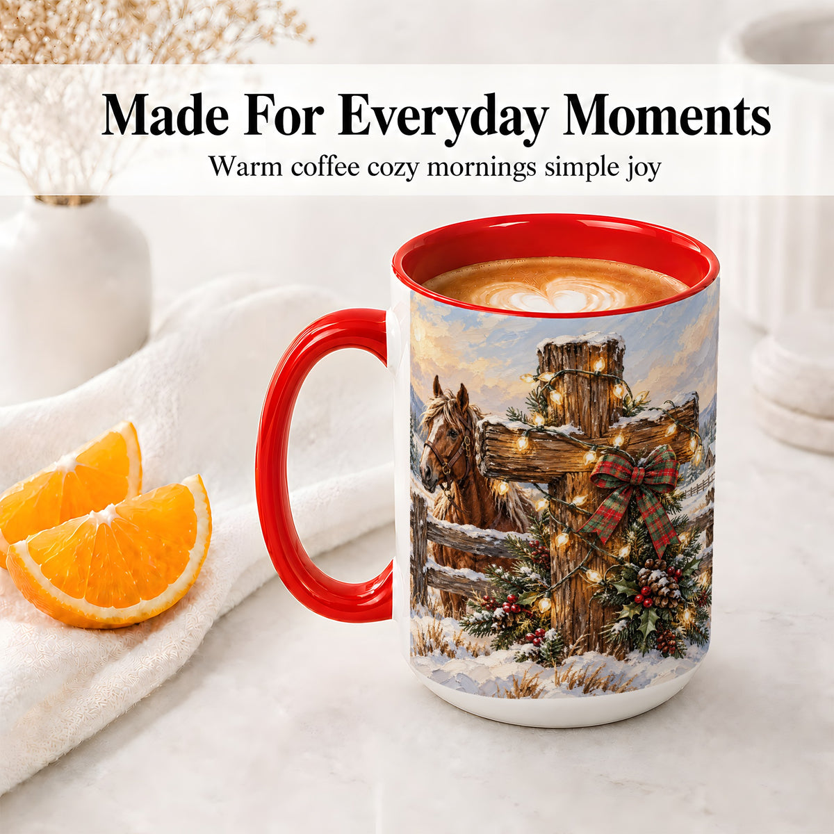 #pl[15oz|Red] Christmas Horse Cross Accent Ceramic Mug, Rustic Winter Art