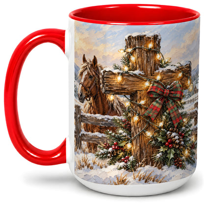 #pl[15oz|Red] Christmas Horse Cross Accent Ceramic Mug, Rustic Winter Art