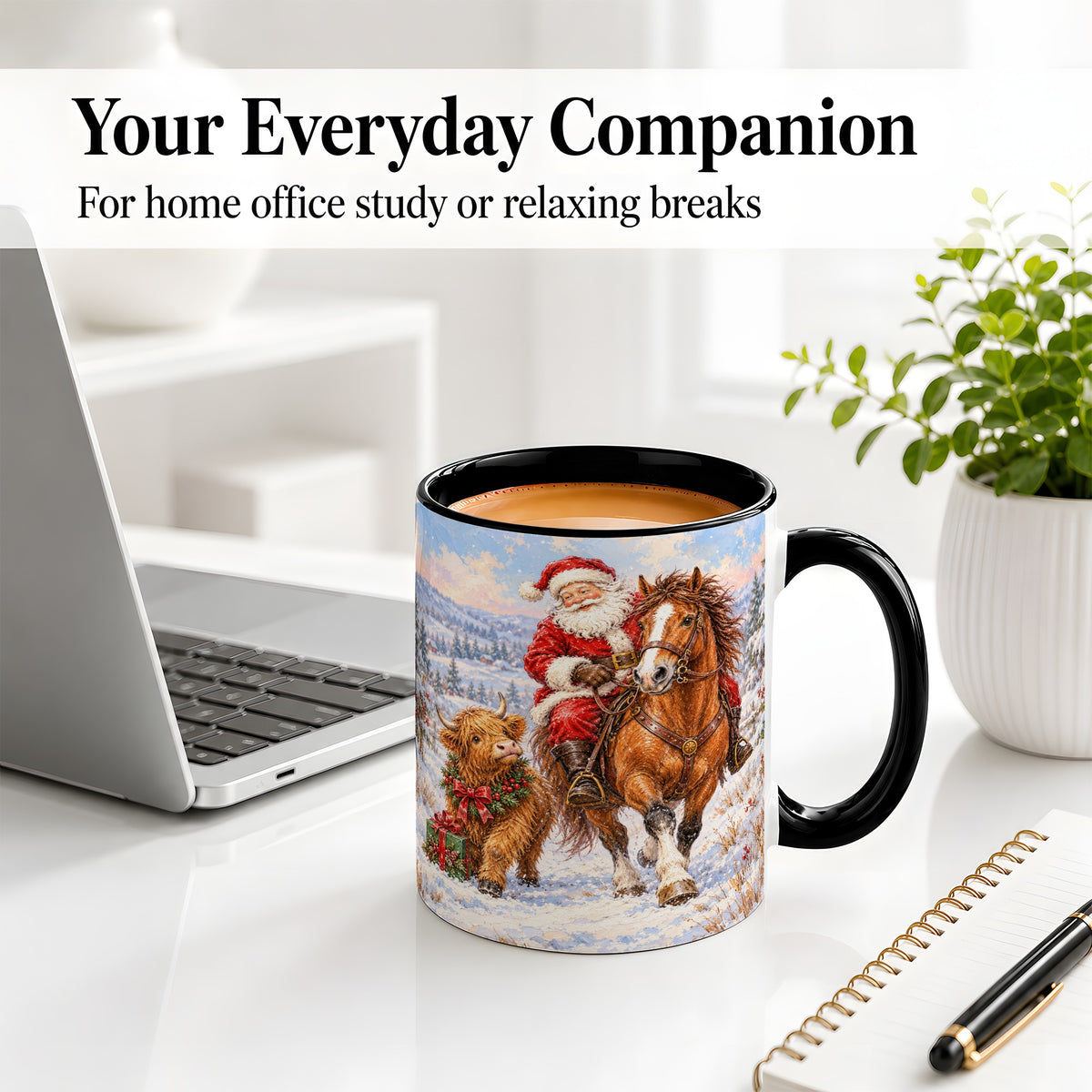 #pl[11oz|Black] Santa Horse Highland Cow Accent Ceramic Mug, Winter Art