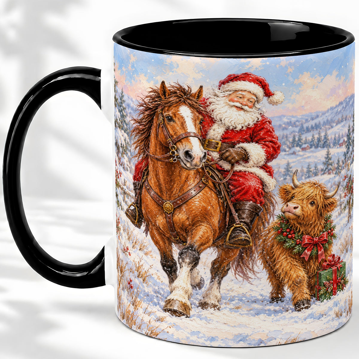 #pl[11oz|Black] Santa Horse Highland Cow Accent Ceramic Mug, Winter Art