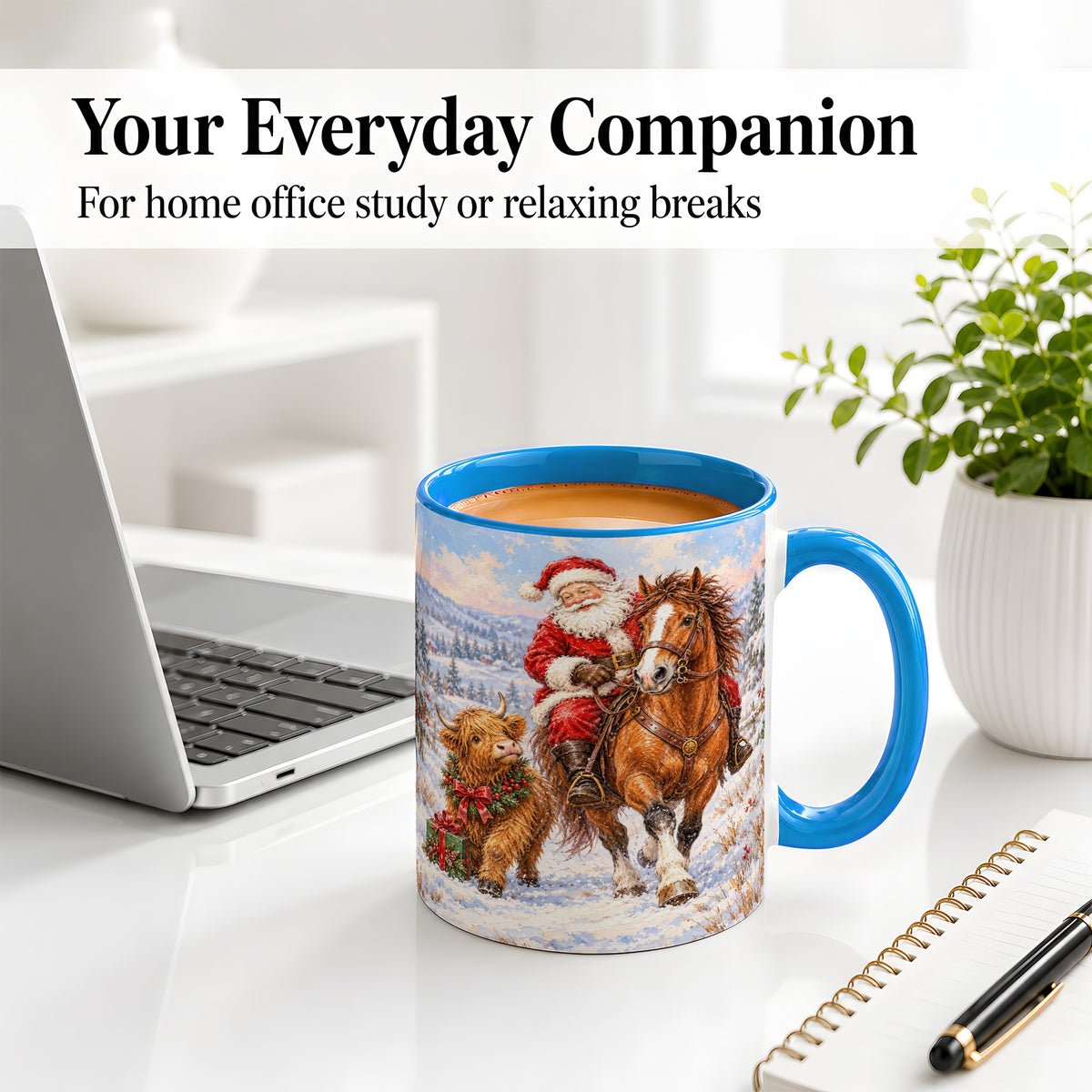 #pl[11oz|Blue] Santa Horse Highland Cow Accent Ceramic Mug, Winter Art