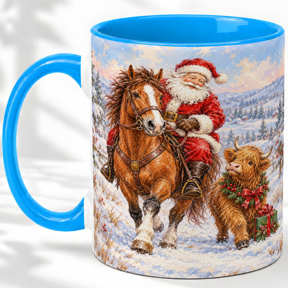 #pl[11oz|Blue] Santa Horse Highland Cow Accent Ceramic Mug, Winter Art