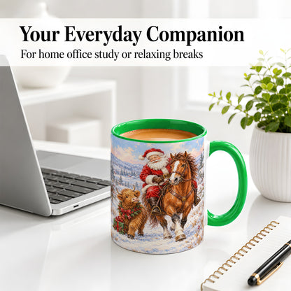 #pl[11oz|Green] Santa Horse Highland Cow Accent Ceramic Mug, Winter Art