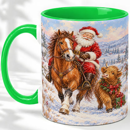 #pl[11oz|Green] Santa Horse Highland Cow Accent Ceramic Mug, Winter Art