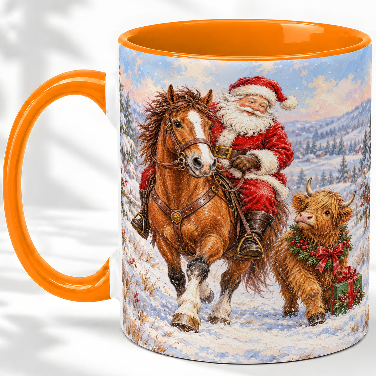 #pl[11oz|Orange] Santa Horse Highland Cow Accent Ceramic Mug, Winter Art