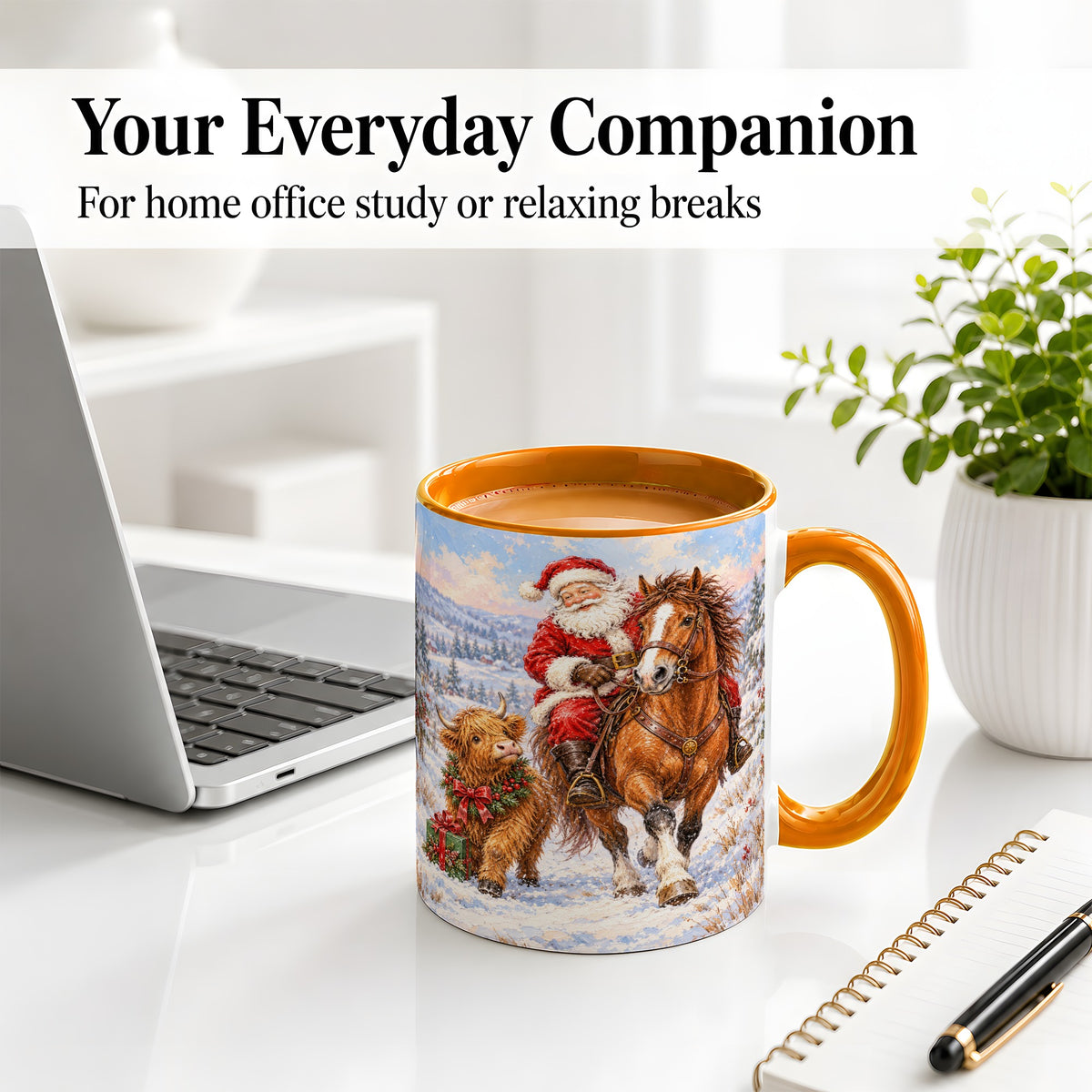 #pl[11oz|Orange] Santa Horse Highland Cow Accent Ceramic Mug, Winter Art