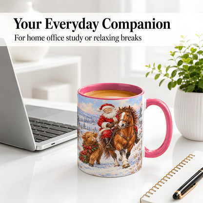 #pl[11oz|Pink] Santa Horse Highland Cow Accent Ceramic Mug, Winter Art
