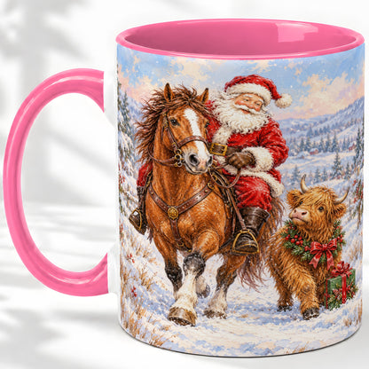 #pl[11oz|Pink] Santa Horse Highland Cow Accent Ceramic Mug, Winter Art
